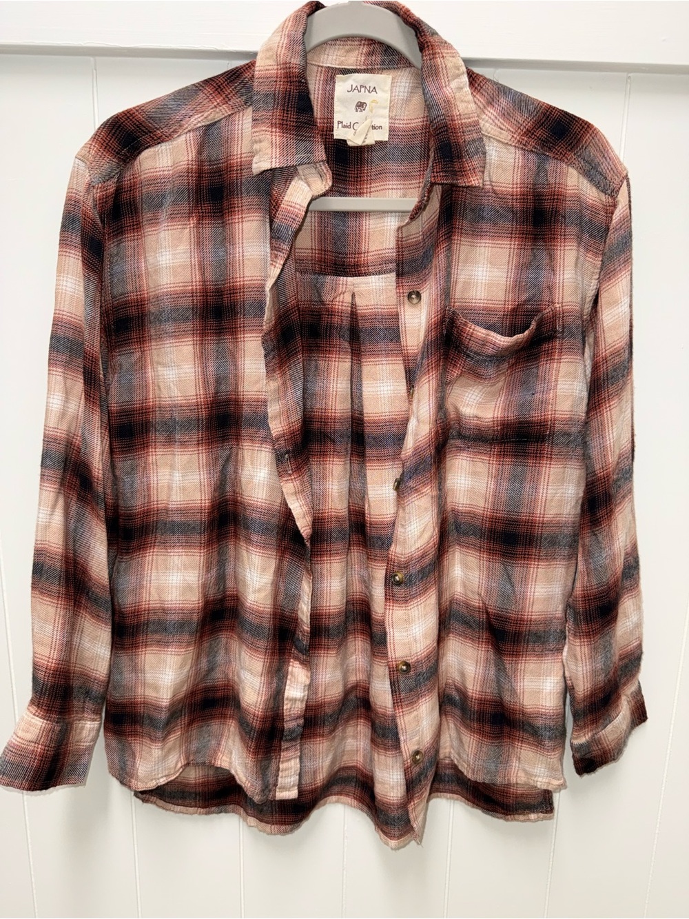 JAPNA Plaid Button Down Shirt Size Small Rust Black Cream Oversized Flannel